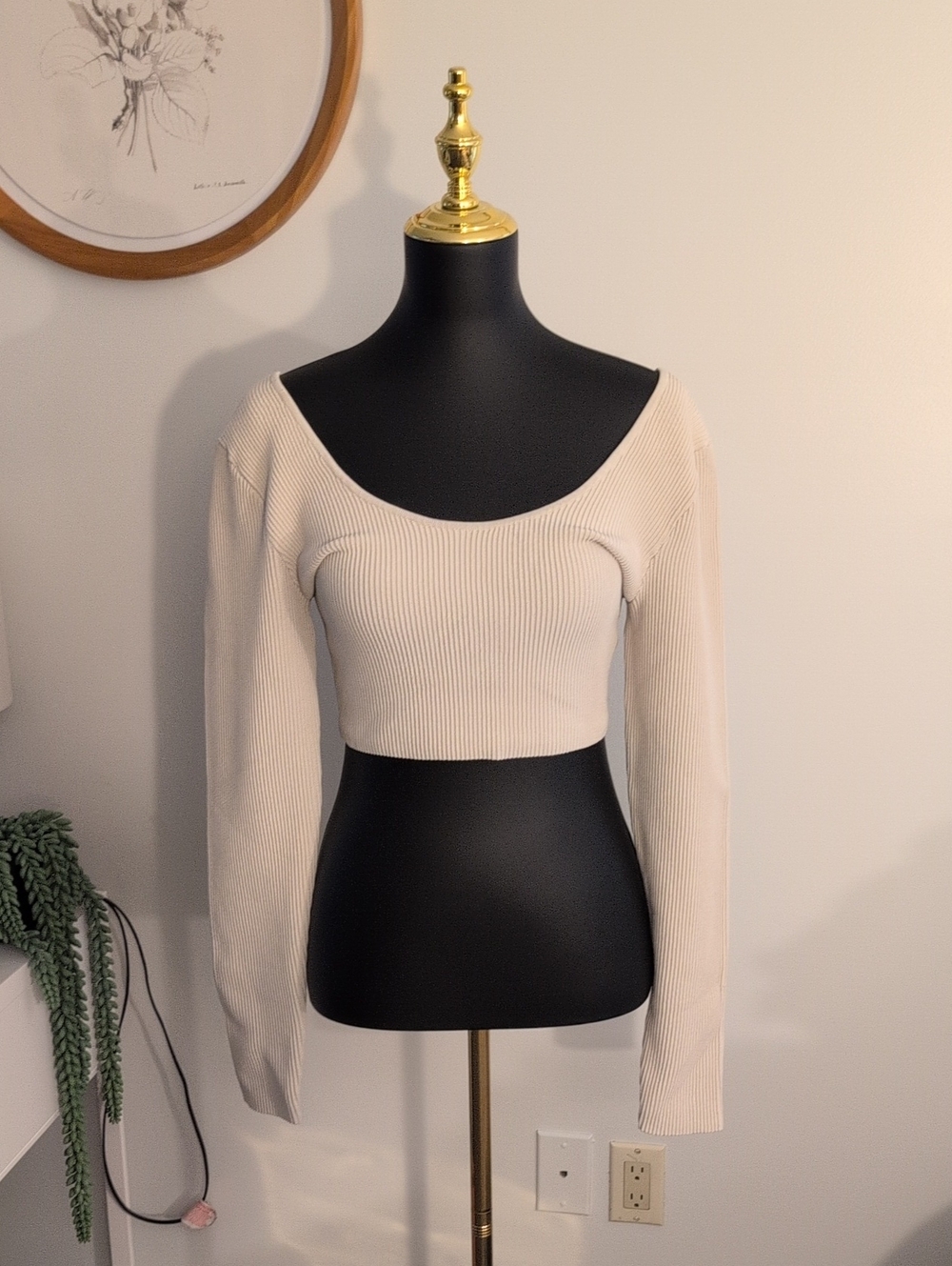 Aritzia Off-Shoulder Ribbed Cropped Sweater in Cream